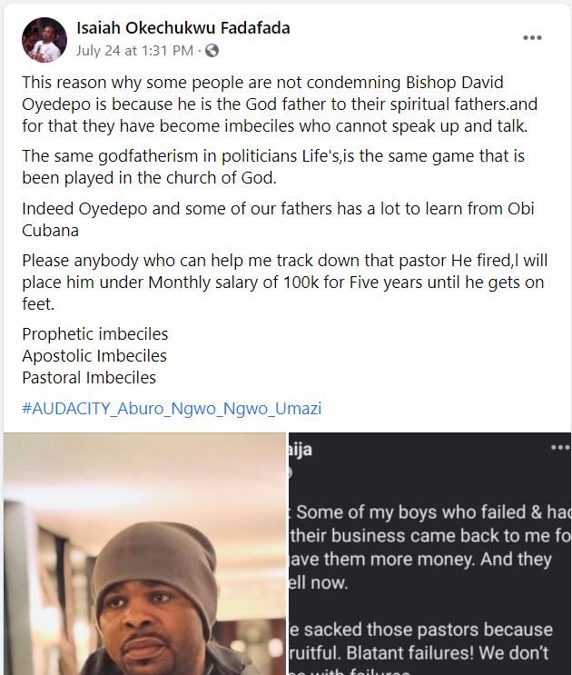 Church founder places sacked winners chapel pastor on 5 Years Salary of N100k Per Month