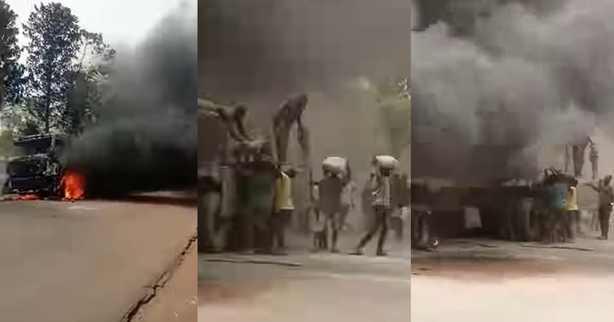 Viral video of youths ste@l!ng bags of cement from a burning truck in Benue state spark reactions (WATCH)