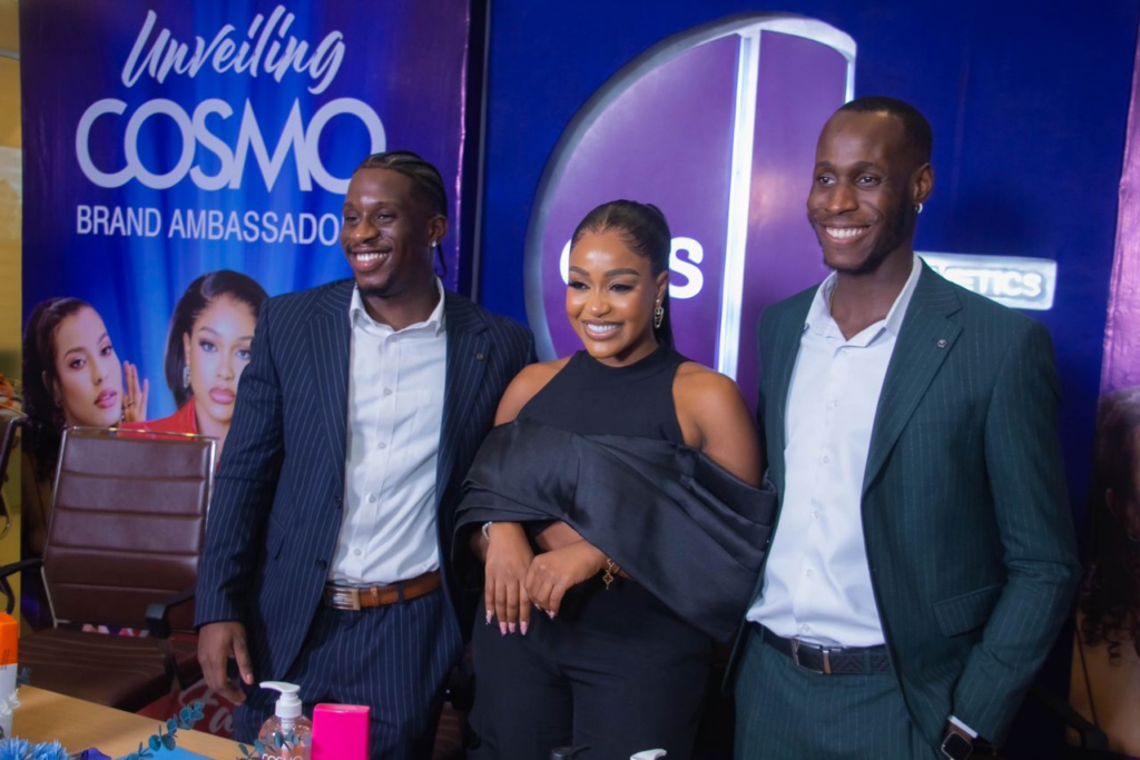 From left to right: GVS Cosmetics General Manager, Sandra Odogwu, Marketing Manager, Jennifer Ezeanya, Executive Director, Obiora Michael Nwosu, Anita Singh (aka Nini), Uche Nwaefuna (aka Uche Montana), Olawunmi Oluwabamike (aka Bam Bam), Executive Director, Chijioke Chukwuka, and National Sales Manager, Uche Udogu at COSMO Cosmetics brand ambassadors’s unveiling in Lagos recently.